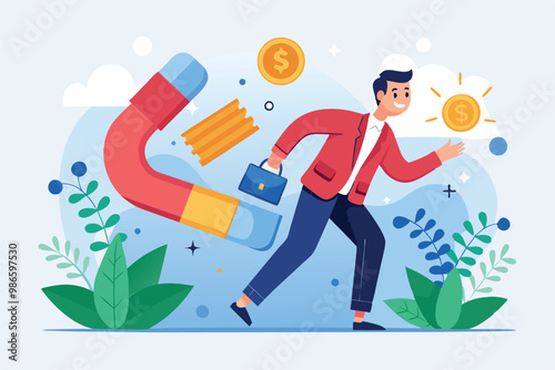 A man with a briefcase enthusiastically chases after money being drawn by a large magnet in his apartment, A man with a big magnet attracting money in a flat illustration for investment attraction.