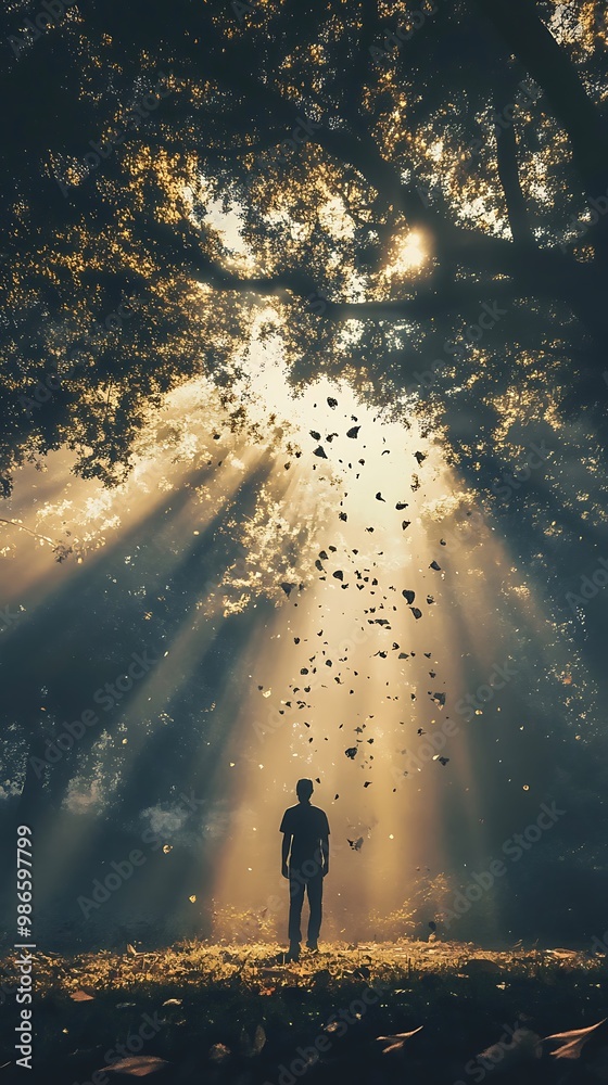 Fototapeta premium Silhouette of a Man Standing in a Forest with Sunlight Shining Through the Trees