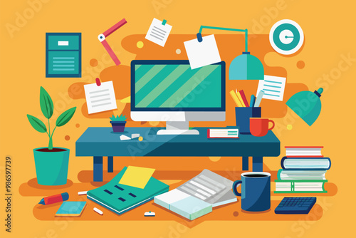 A disorganized desk features a computer, papers, and stationery in a vibrant office setting, A messy desk with a computer and papers, flat drawing