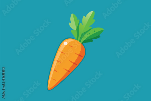 This stylish illustration features a bright orange carrot topped with green leaves, set on a blue background, A modern and stylish flat illustration of a carrot.