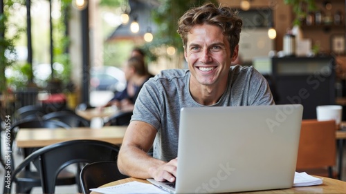 busy professional business man working on business using laptop in cafe smile, smiling