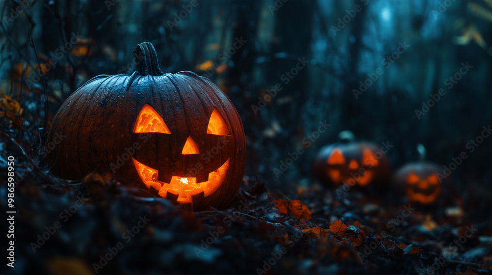 W lesie nocą, pełnym cieni i niepokoju, dynie z przerażającymi uśmiechami zapraszają na Halloween. W lesie nocą, pełnym cieni i niepokoju, dynie z przerażającymi uśmiechami zapraszają na Halloween.