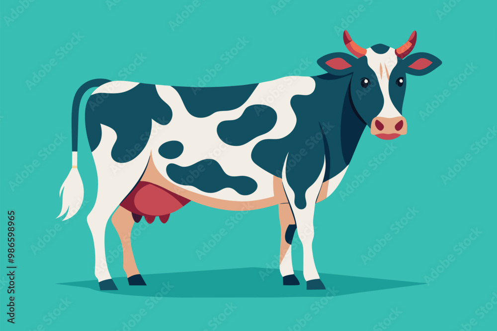 A cheerful dairy cow stands proudly against a bright teal background, evoking a sense of nostalgia, A nostalgic flat illustration of a dairy cow, with clean and elegant lines. A cheerful dairy cow stands proudly against a bright teal background, evoking a sense of nostalgia, A nostalgic flat illustration of a dairy cow, with clean and elegant lines.