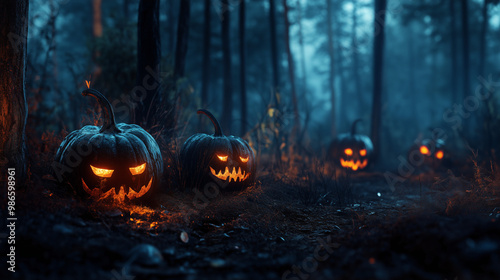  W lesie nocą, pełnym cieni i niepokoju, dynie z przerażającymi uśmiechami zapraszają na Halloween.