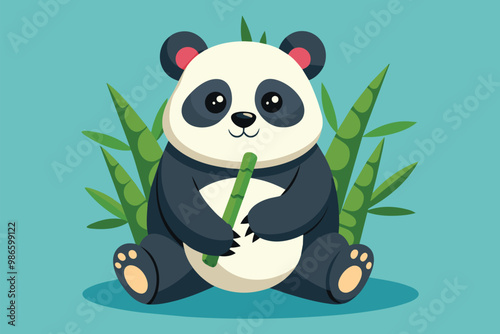 A cute panda sits happily, munching on bamboo while surrounded by vibrant green plants, A panda eating bamboo, flat drawing