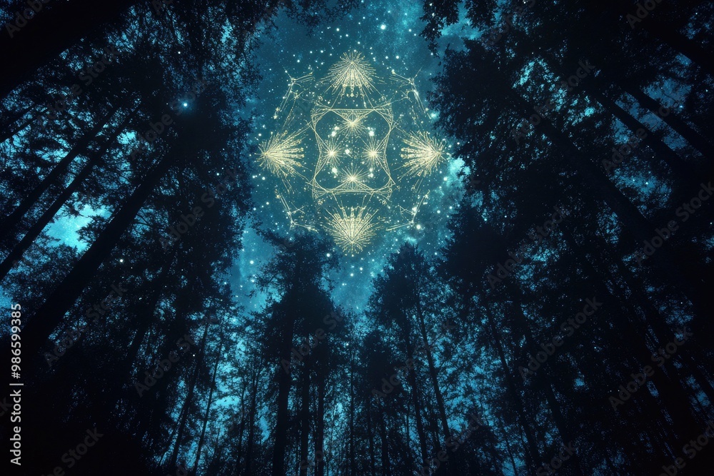 Obraz premium Sacred geometry patterns glowing in the night sky over a dark forest