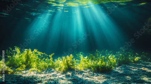  Sceneria z morskimi wodorostami w blasku słońca ukazuje piękno oceanicznego dna.  photo