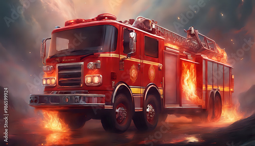 Red fire truck in action with firefighters responding to an emergency, using ladders and equipment to put out a fire