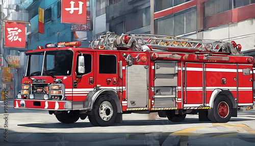 Red fire truck in action with firefighters responding to an emergency, using ladders and equipment to put out a fire