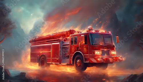 Red fire truck in action with firefighters responding to an emergency, using ladders and equipment to put out a fire