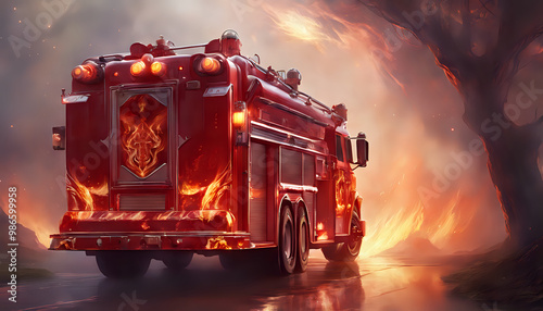 Red fire truck in action with firefighters responding to an emergency, using ladders and equipment to put out a fire