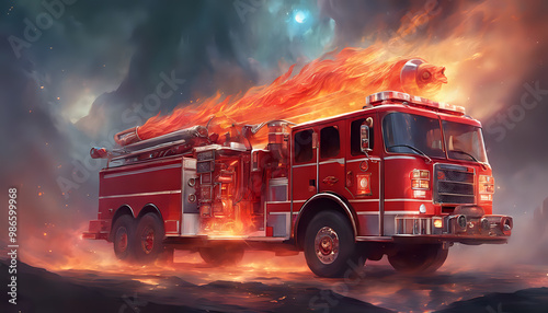 Red fire truck in action with firefighters responding to an emergency, using ladders and equipment to put out a fire