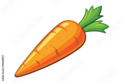 A vibrant drawing of a smooth carrot featuring shiny orange skin and fresh green leaves at the top, A smooth and shiny carrot drawing with a simple and clean design.