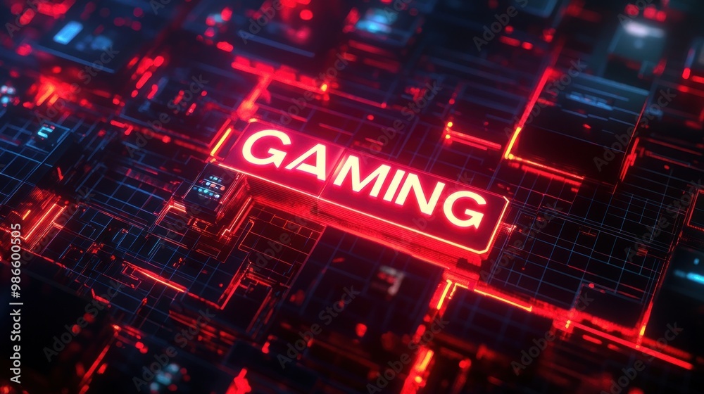 Technology abstract digital text ''gaming'' neon red effect glowing design background wallpaper AI generated image Technology abstract digital text ''gaming'' neon red effect glowing design background wallpaper AI generated image