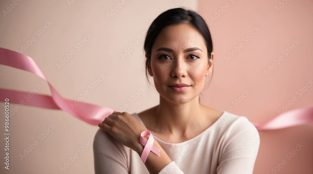 woman with pink ribbon on color background with space for text. Breast cancer awareness concept woman with pink ribbon on color background with space for text. Breast cancer awareness concept