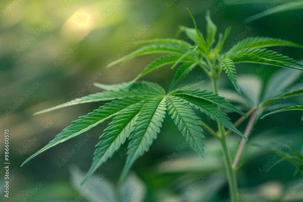 Cannabis plant with lush green leaves, hemp foliage outdoors, close-up on marijuana leaves, natural sunlight, nature concept