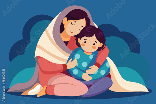 A mother lovingly embraces her child, both wrapped in a blanket, enjoying a cozy moment together, A sweet picture of a mom and child cuddling under a blanket, simple drawing