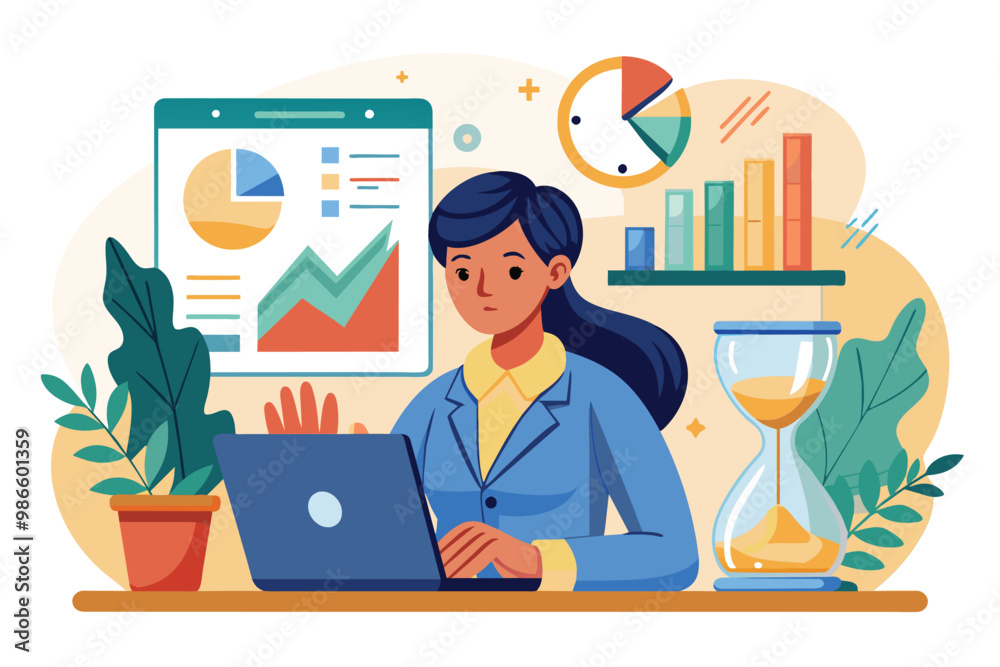 A woman focused on data analysis while using a laptop, surrounded by charts and an hourglass, A woman analyzing data with an hourglass illustration. A woman focused on data analysis while using a laptop, surrounded by charts and an hourglass, A woman analyzing data with an hourglass illustration.
