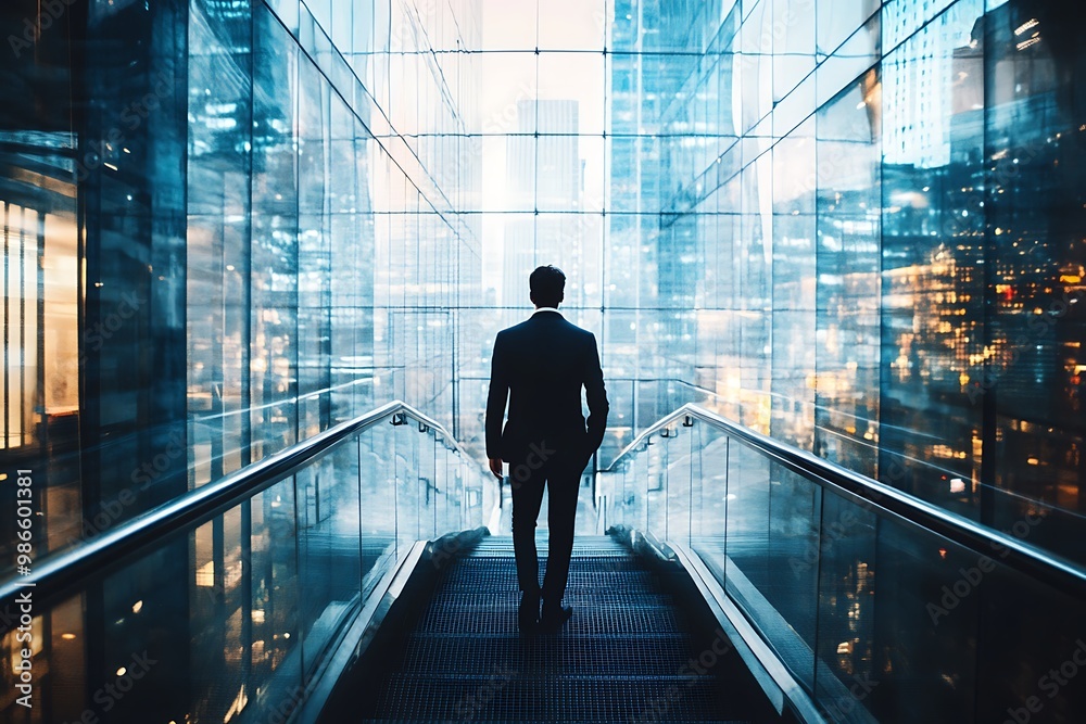 Silhouette of businessman walking up an escalator towards a bright future. Concept of success, ambition, progress, and opportunity in business Silhouette of businessman walking up an escalator towards a bright future. Concept of success, ambition, progress, and opportunity in business