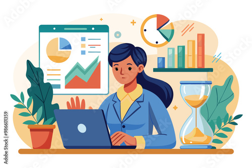A woman focused on data analysis while using a laptop, surrounded by charts and an hourglass, A woman analyzing data with an hourglass illustration.