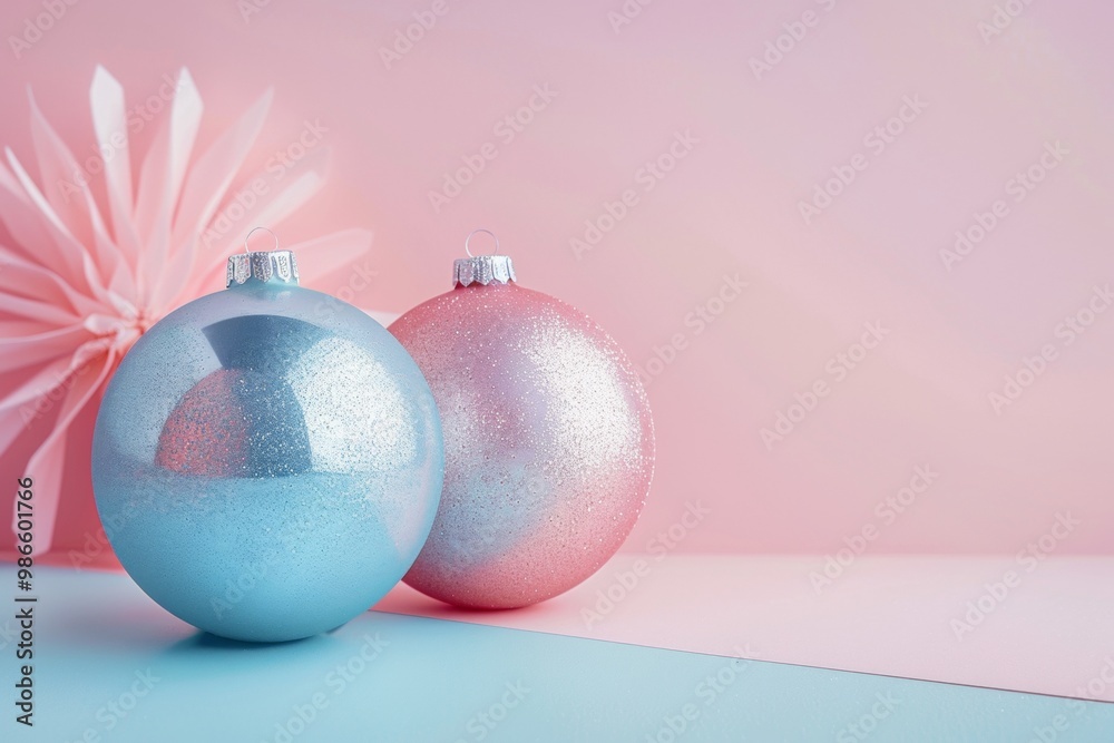 A pair of blue and pink glittery Christmas ornaments placed on a pastel background with a paper flower, symbolizing festivity and cheer. A pair of blue and pink glittery Christmas ornaments placed on a pastel background with a paper flower, symbolizing festivity and cheer.
