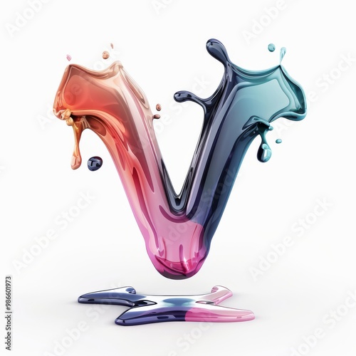 Colorful and Glossy Letter V in Liquid Splash.