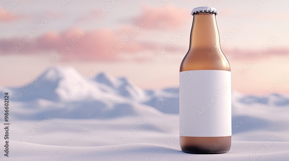 The bottle of beer sits prominently in a tranquil setting with snow-covered mountains, pastel skies, and dreamy clouds, creating a serene atmosphere at sunset The bottle of beer sits prominently in a tranquil setting with snow-covered mountains, pastel skies, and dreamy clouds, creating a serene atmosphere at sunset