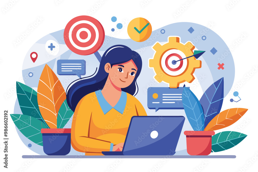 A woman concentrates on her business objectives, typing on a laptop in a colorful office environment, A woman focusing on her business goal, illustrated in a flat style. A woman concentrates on her business objectives, typing on a laptop in a colorful office environment, A woman focusing on her business goal, illustrated in a flat style.
