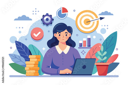 A woman works intently on her laptop, concentrating on achieving business objectives with visual aids, A woman focusing on her business goal, illustrated in a flat style.