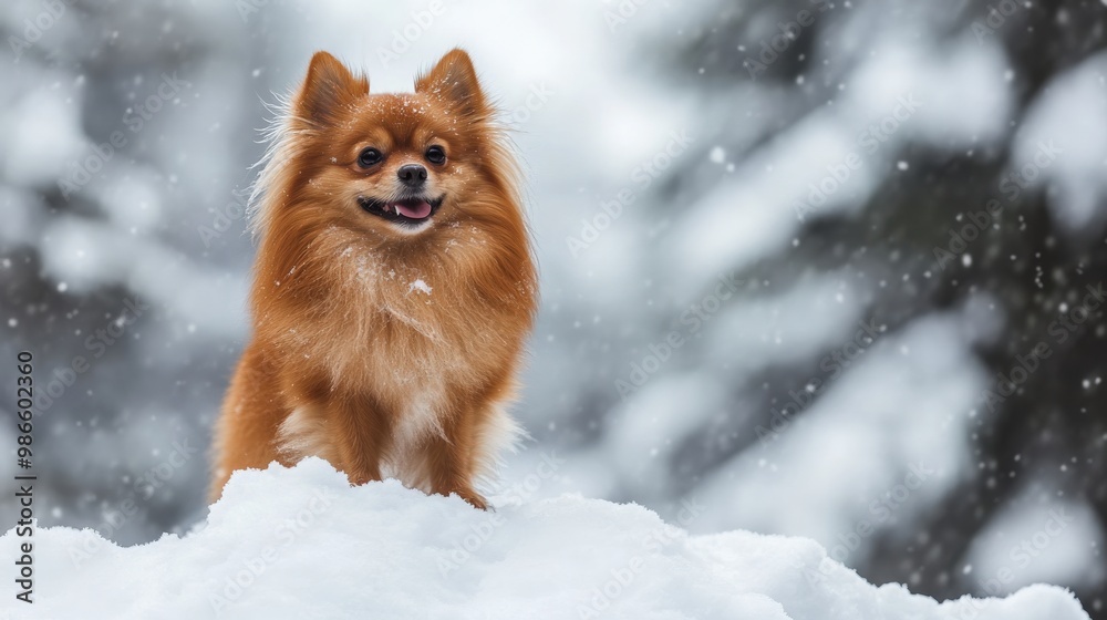 A cheerful Pomeranian stands proudly on a mound of freshly fallen snow, enjoying the cold winter day while snowflakes gently fall around it A cheerful Pomeranian stands proudly on a mound of freshly fallen snow, enjoying the cold winter day while snowflakes gently fall around it