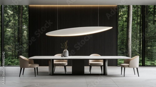 This beautiful dining room showcases a marble stone table surrounded by beige boucle chairs. Large windows reveal a stunning forest view, enhancing the modern architectural design