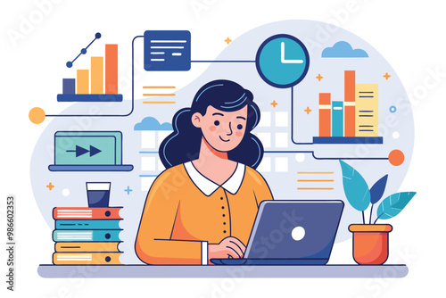 A woman focuses on data analysis using a laptop while enjoying a productive office atmosphere, A woman handling data, simple drawing