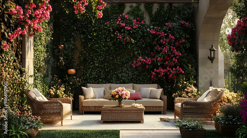 Cozy patio with stylish outdoor furniture floral decorations and a relaxing ambiance perfect for enjoying the outdoors