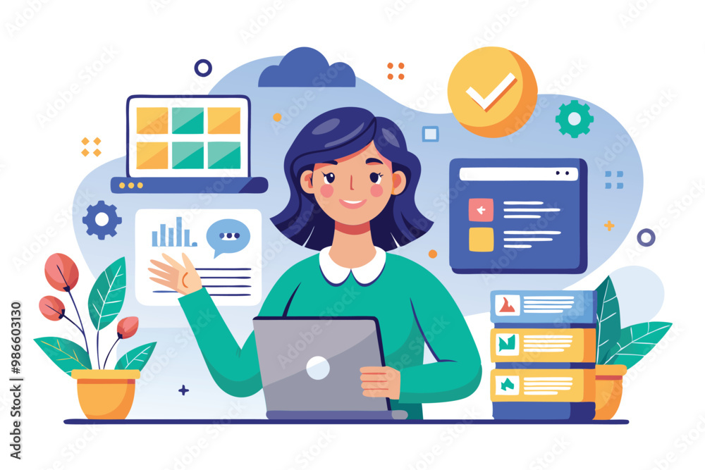 Fototapeta premium A woman is actively managing a website and interacting with digital tools in a vibrant illustration, A woman is hosting a website, shown in a flat illustration.