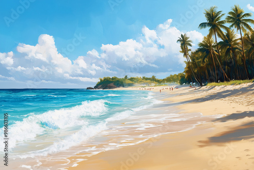 Tropical beach with clear waves and lush palm trees