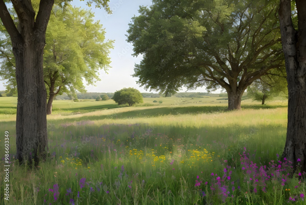 Fototapeta premium 木, 空, 風景, 野原, 草, 自然, 緑, 牧草地, サマータイム, 青, とぶ, 雲, ルーラル, 地平線, 雲, いなか, 