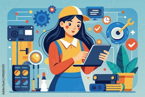 A woman is closely inspecting a device while surrounded by tools and equipment in a workshop, A woman is inspecting a device for repairs in a flat illustration.