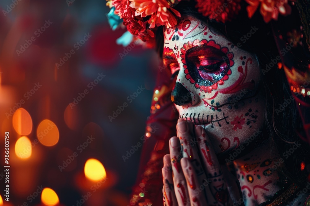 Fototapeta premium Woman with colorful sugar skull makeup