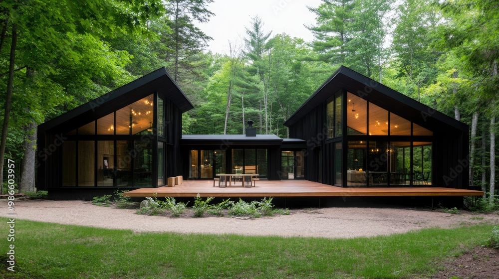 This modern black cabin overlooks a peaceful lake, boasting large windows and a sleek outdoor terrace that seamlessly blends with the forest surroundings This modern black cabin overlooks a peaceful lake, boasting large windows and a sleek outdoor terrace that seamlessly blends with the forest surroundings