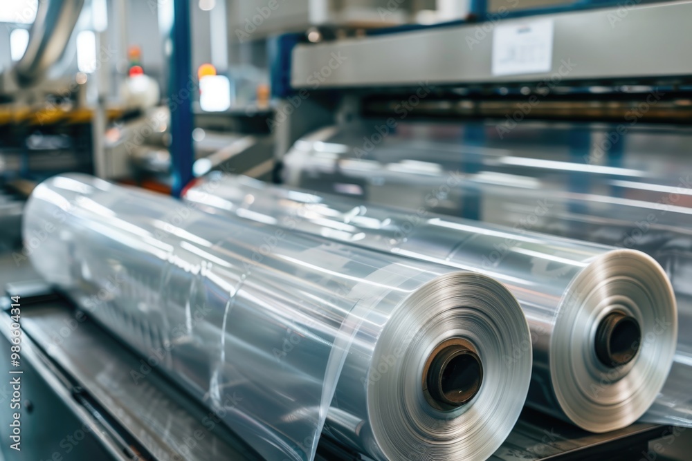 Two clear plastic rolls resting on top of a manufacturing machine, suitable for use in industrial or commercial settings Two clear plastic rolls resting on top of a manufacturing machine, suitable for use in industrial or commercial settings