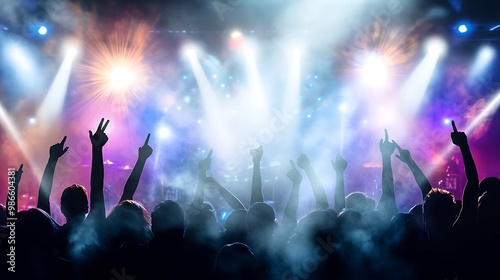 A crowd of people with their hands in the air at a concert with a bright stage spotlight.