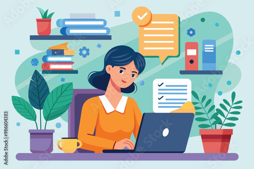 The woman sits at her desk, focusing on documents while surrounded by greenery and bookshelves, A woman is working on company documents in a flat illustration.
