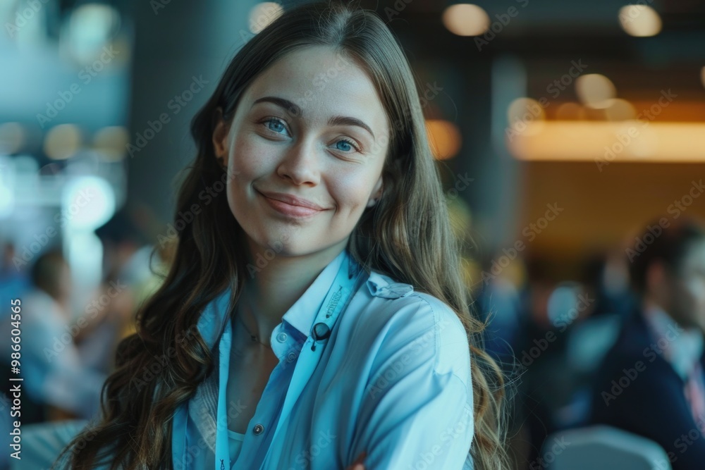 A happy woman with a bright smile and blue shirt, suitable for people, portraits, and communication themes A happy woman with a bright smile and blue shirt, suitable for people, portraits, and communication themes