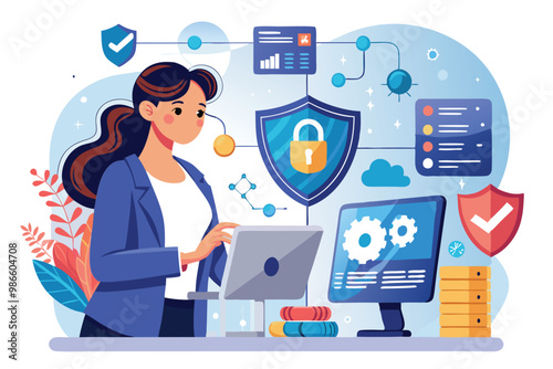 A woman focuses on maintaining her security system while seated at a desk, ensuring everything operates smoothly, A woman maintaining security system, focusing on data protection.