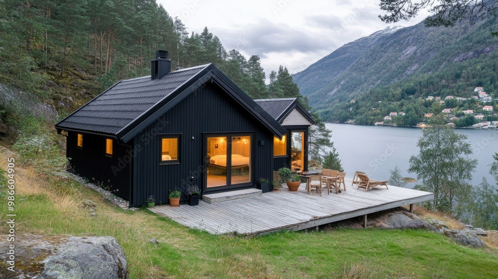 A sleek black cabin features expansive windows that frame the tranquil lake and surrounding trees, creating a perfect backdrop in a minimalist design. A sleek black cabin features expansive windows that frame the tranquil lake and surrounding trees, creating a perfect backdrop in a minimalist design.