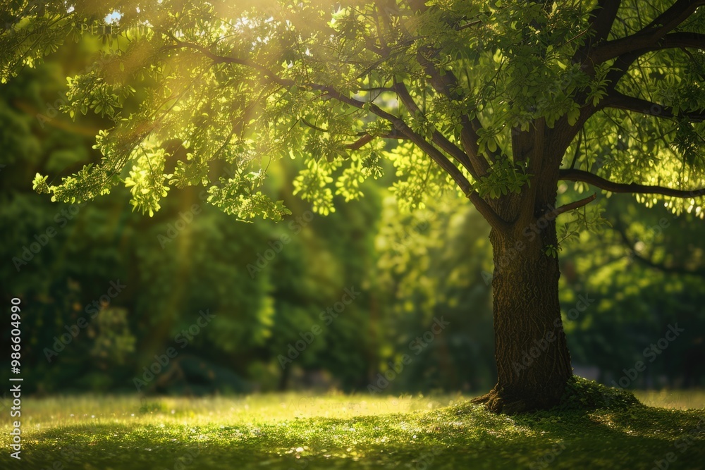 Fototapeta premium A tree with its leaves illuminated by the warm sunlight