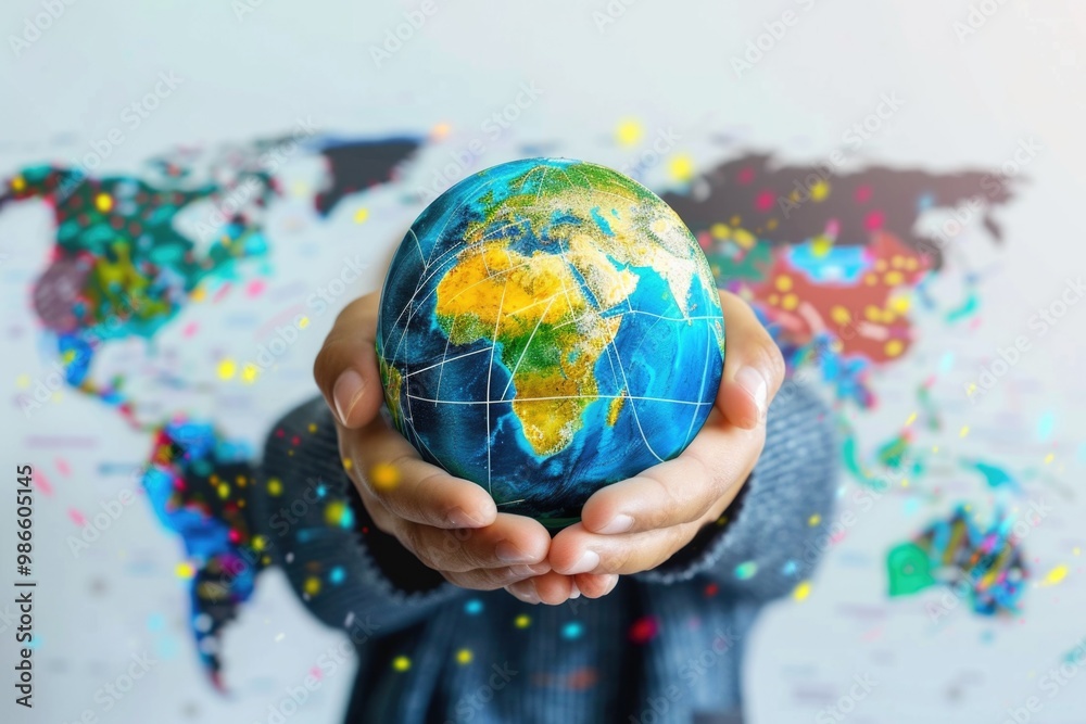 A person grasping a globe, representing global perspective and understanding A person grasping a globe, representing global perspective and understanding