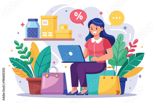 A woman happily shops online, finding discounts on flat items in her comfortable living area filled with plants, A woman shops online and gets a discount on flat illustrations.