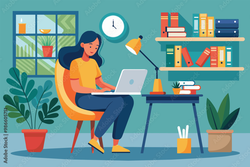 Fototapeta premium A woman sits comfortably at a desk, focused on her laptop in a bright, inviting study filled with plants, A woman sitting on a chair in a study with a computer, illustrated flat.