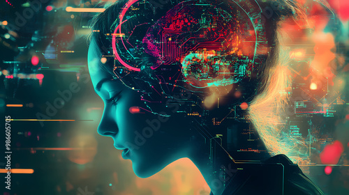 Futuristic 3d collage of creative mind interfacing with ai machine - colorful digital art. Digital Collage. Illustration